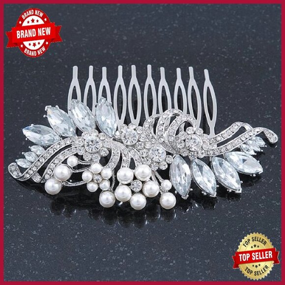 Rhodium Plated CZ Pearl Floral Side Hair Comb 100mm Wedding Party main image 4